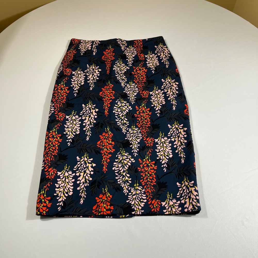 Boden Floral Pencil Skirt Womens 8L Navy Blue Pink Good Condition Wisteria T0066
